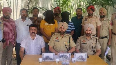 The accused in the custody of the CIA staff-1 police in Ludhiana on Monday.They were arrested for supplying illegal arms to local gangsters. (Harvinder Singh/HT)