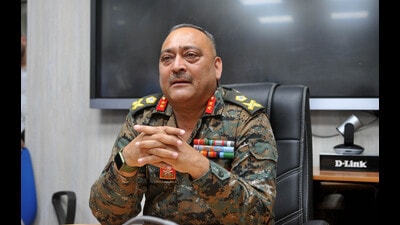 Maj Gen Rajiv Chhibber SM ADG NCC Directorate Punjab, Himachal, Haryana and Chandigarh Interacting with media regarding Agnipath and Its Benefits to NCC Cadets at NCC directorate in sector 9 in Chandigarh on Monday. (Ravi Kumar/HT)