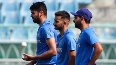 Indian pacers Avesh Khan, Harshal Patel, and Bhuvneshwar Kumar (AP) Indian pacers Avesh Khan, Harshal Patel, and Bhuvneshwar Kumar (AP)