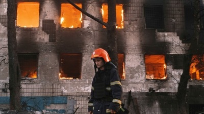 Firefighters work at the site of fire after Russian shelling in Mykolaiv, Ukraine. (AP Photo/George Ivanchenko) (AP)