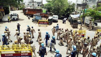 Police patrol streets after protests that broke out this month in Prayagraj against suspended Bharatiya Janata Party (BJP) spokeswoman Nupur Sharma’s comments about Prophet Muhammad. (ANI)