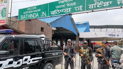 Security personnel standing guard outside the railway station in Bathinda on Monday. (Sanjeev Kumar/HT)