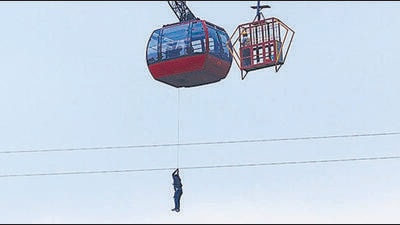 Parwanoo, India - June 20, 2022: A view of the Rescue operation underway at Timber Trail where a cable car with tourists was stuck mid-air at Parwanoo, Himachal Pradesh, India on Monday, June 20, 2022. (Photo by Sant Arora/Hindustan Times) Parwanoo, India - June 20, 2022: A view of the Rescue operation underway at Timber Trail where a cable car with tourists was stuck mid-air at Parwanoo, Himachal Pradesh, India on Monday, June 20, 2022. (Photo by Sant Arora/Hindustan Times)