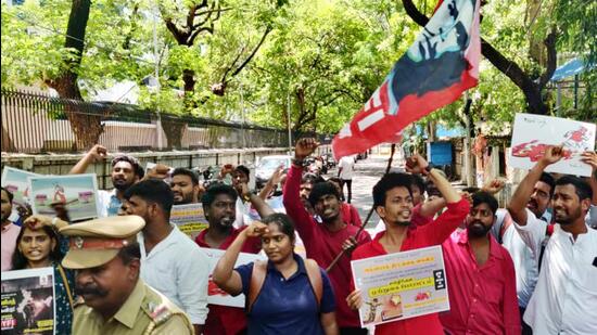 People protest against the ‘Agnipath’ recruitment scheme for the armed forces on Monday. (ANI Photo)