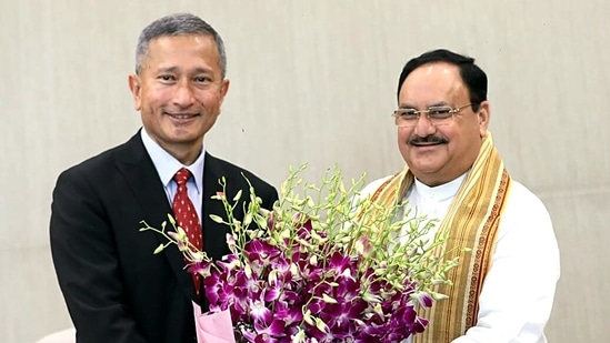 Singapore's Foreign Minister Vivian Balakrishnan with BJP national president JP Nadda in New Delhi during his visit to India. (ANI Photo)