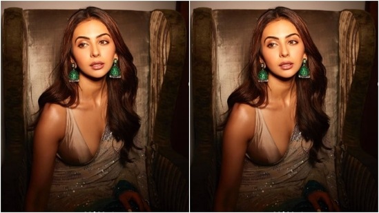 Rakul Preet accessorised her look with statement green jhumkas. “In a blingtastic mood,” she captioned her pictures.(Instagram/@rakulpreet)