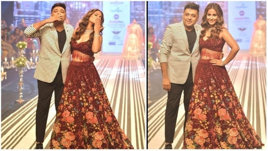 In one picture, Hina Khan is seen posing with the designer. In another, the pair blew a flying kiss to the cheerful crowd (Instagram / @realhinakhan)