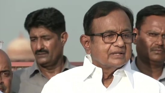 Congress leader P Chidambaram speaks to reporters after a meeting with the President.(ANI)