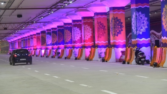 A car moves inside the newly opened main tunnel of Pragati Maidan Integrated Transit Corridor Project, in New Delhi.(PTI)