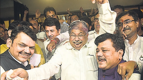 BJP leader Devendra Fadnavis alongwith BJP party MLA's celebrate after winning all 5 seat in MLC election at Vidhan Bhavan in Mumbai. (Anshuman Poyrekar/ Hindustan Times)