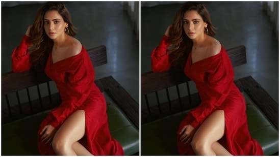 Coming to the design details, Aamna's bold red midi ensemble features a midi length hem. It has an off-the-shoulder detail on one side, a plunging V layover neckline, long billowy sleeves with cinched cuffs, a body-skimming silhouette accentuating her curvy frame and a long thigh-grazing slit on the side.(Instagram)