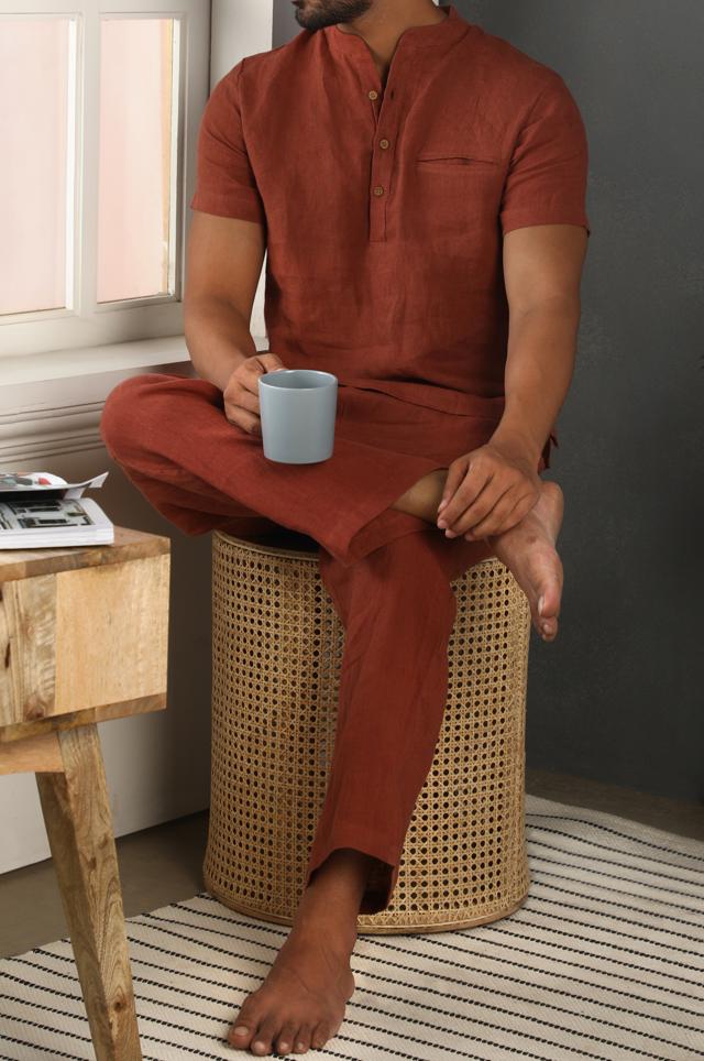 A loose fit shirt and pyjama pants are ideal for comfort at home. (Lightweight half sleeve linen shirt and comfort fit lowers by Live Linen)