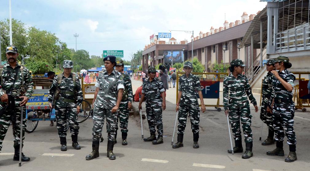 Central Reserve Police Force (CRPF) personnel stand guard outside Ranchi railway station during 'Bharat Bandh', in Ranchi, on June 20, 2022.&nbsp; (PTI photo)