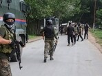 Special Operation Group (SOG) of J&K police at the site of an encounter in which Lashkar-e-Taiba (LeT) terrorist Adil Parray, who was involved in the recent killings of two police personnel, was killed, at the Kreesbal Palpora Sangam area in Srinagar on June 12. (PTI)
