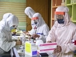 Members of the North Korean army supply medicines to residents at a pharmacy, amid growing fears over the spread of the coronavirus disease (COVID-19), in Pyongyang, North Korea.