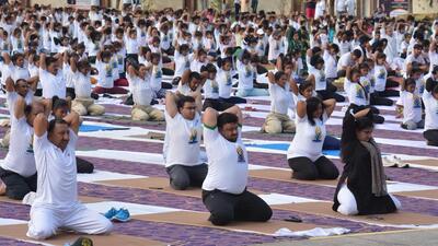 Tricity residents performed yoga as part International Yoga Day celebrations across tricity. (Sant Arora/HT )