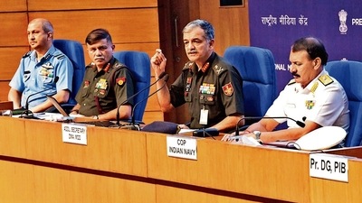 Lieutenant General Anil Puri, additional secretary, department of military affairs, addresses the press conference on the Agnipath scheme in the presence of Vice-Admiral Dinesh Tripathi, Air Marshal Suraj Kumar Jha and Lieutenant General C Bansi Ponnappa, adjutant general of Indian Army, at Media Centre, in New Delhi on Tuesday. (ANI) Lieutenant General Anil Puri, additional secretary, department of military affairs, addresses the press conference on the Agnipath scheme in the presence of Vice-Admiral Dinesh Tripathi, Air Marshal Suraj Kumar Jha and Lieutenant General C Bansi Ponnappa, adjutant general of Indian Army, at Media Centre, in New Delhi on Tuesday. (ANI)