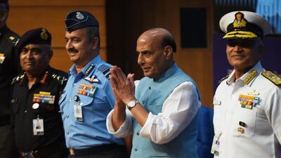 Defence minister Rajnath Singh, flanked by the three service chiefs, at the announcement of the Agnipath scheme in Delhi on June 14. (HT File Photo/Ajay Aggarwal) Defence minister Rajnath Singh, flanked by the three service chiefs, at the announcement of the Agnipath scheme in Delhi on June 14. (HT File Photo/Ajay Aggarwal)