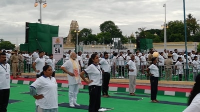 More than 15,000 people participated in the Yoga celebrations along with the Prime Minister at the Mysore Palace grounds. More than 15,000 people participated in the Yoga celebrations along with the Prime Minister at the Mysore Palace grounds.