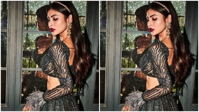 Mouni played muse to fashion designer house Bora Honey’s and picked a teal lehenga for the pictures. (Instagram/@imouniroy)