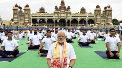 International Yoga Day 2022: Prime Minister Narendra Modi performing Yoga at Mysuru Palace. International Yoga Day 2022: Prime Minister Narendra Modi performing Yoga at Mysuru Palace.