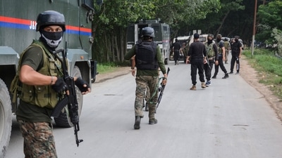 Special Operation Group (SOG) of J&K police at the site of an encounter in which Lashkar-e-Taiba (LeT) terrorist Adil Parray, who was involved in the recent killings of two police personnel, was killed, at the Kreesbal Palpora Sangam area in Srinagar on June 12. (PTI) Special Operation Group (SOG) of J&K police at the site of an encounter in which Lashkar-e-Taiba (LeT) terrorist Adil Parray, who was involved in the recent killings of two police personnel, was killed, at the Kreesbal Palpora Sangam area in Srinagar on June 12. (PTI)