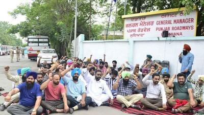 Employees of the Punjab Roadways contractual employees union to stage protest against the state government at the bus stand i in Ludhiana on Tuesday. (Harvinder Singh/HT) Employees of the Punjab Roadways contractual employees union to stage protest against the state government at the bus stand i in Ludhiana on Tuesday. (Harvinder Singh/HT)