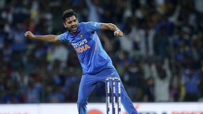 Deepak Chahar celebrates after picking a wicket. (AP/File Photo)