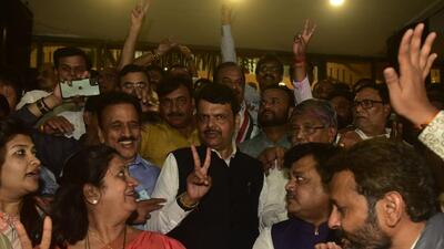 Devendra Fadnavis and other BJP lawmakers celebrate after winning five seat in legislative council elections on Monday. (HT PHOTO) Devendra Fadnavis and other BJP lawmakers celebrate after winning five seat in legislative council elections on Monday. (HT PHOTO)