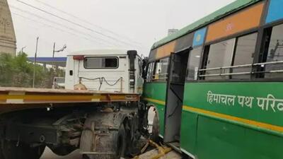 The Himachal Roadways bus further rammed into another truck after being hit by a tourist bus on NH-44 on Tuesday morning.
