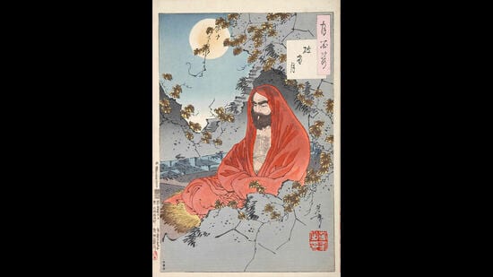 Bodhidharma depicted in a Ukiyo-e woodblock print by Japanese artist Yoshitoshi, 1887. (Yoshitoshi-Wikimedia Commons)