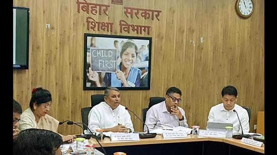Bihar education minister Vijay Kumar Choudhary holds a meeting of VCs of state universities in Patna on Tuesday. (Santosh Kumar/HT Photo)