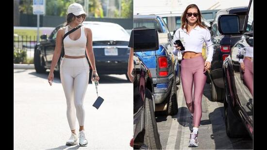 (L-R): Vanessa Hudgens in Fabletics and Hailey Bieber in Alo leggings. (Photos: Instagram)