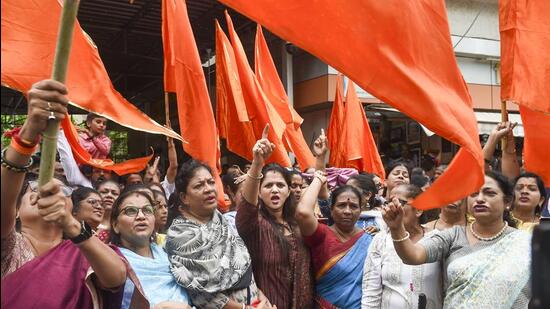Shiv Sena supporters shouts slogan in support of chief minister of Maharashtra Uddhav Thackeray, outside Shiv Sena Bhavan, Shivaji Park in Mumbai on Tuesday. (PTI)