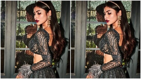 Mouni played muse to fashion designer house Bora Honey’s and picked a teal lehenga for the pictures.(Instagram/@imouniroy)