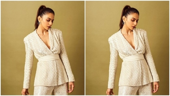 Rakul Preet played muse to fashion designers Rohit Gandhi and Rahul Khanna and picked a white co-ord set from the shelves of the fashion designer duo.(Instagram/@rakulpreet)