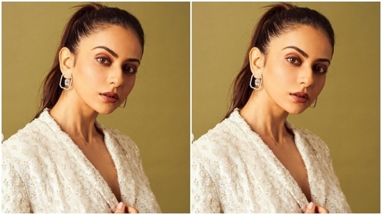 Styled by fashion stylist Anshika Verma, Rakul Preet wore her tresses into a clean ponytail as she posed for the pictures. For footwear, the actor opted for silver stilettos.(Instagram/@rakulpreet)