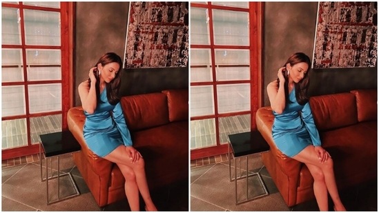 Rakul Preet’s dress featured one off-shoulder and a full-sleeve detail. In blue stilettoes, she perfectly accessorised her look.(Instagram/@rakulpreet)