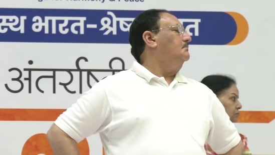 Bhartiya Janata Party President JP Nadda participated in the Mass Yoga Demonstration at Noida stadium.(ANI)