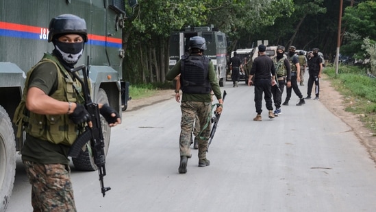 Special Operation Group (SOG) of J&amp;K police at the site of an encounter in which Lashkar-e-Taiba (LeT) terrorist Adil Parray, who was involved in the recent killings of two police personnel, was killed, at the Kreesbal Palpora Sangam area in Srinagar on June 12.&nbsp;(PTI)