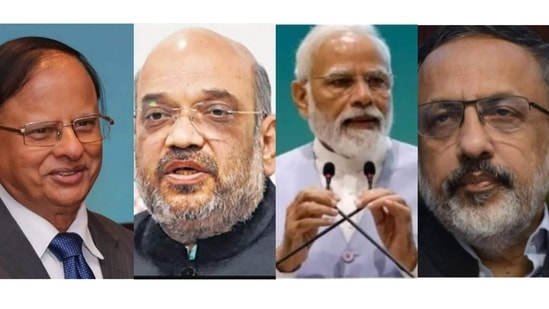 (L-R) Principal Secretary to Prime Minister of India, PK Mishra; Home Minister Amit Shah; Prime Minister Narendra Modi; and Cabinet Secretary Rajiv Gauba (File)