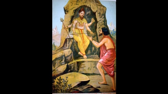 Arjuna receives the Pashupatastra from Lord Shiva. Painting by Raja Ravi Varma, 19th century. (Raja Ravi Varma via Wikimedia Commons)