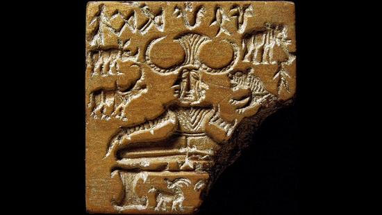 The best known of the Mohenjo-daro seals is the “Pashupati” seal, which shows a three-faced figure seated in a yogic posture. (Mohenjodaro archaeological site via Wikimedia Commons)