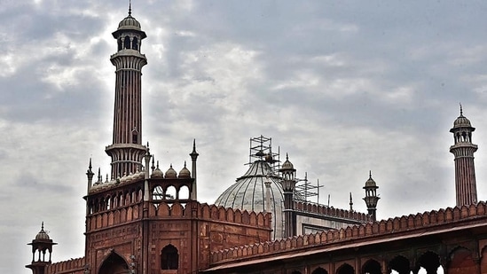 Restoration work underway at Jama Masjid by ASI, in New Delhi, India, on Monday, June 20, 2022. (Photo by Sanjeev Verma/ Hindustan Times)