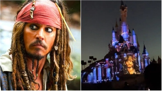 Johnny Depp as Captain Jack Sparrow is beamed onto Disneyland Paris Castle.
