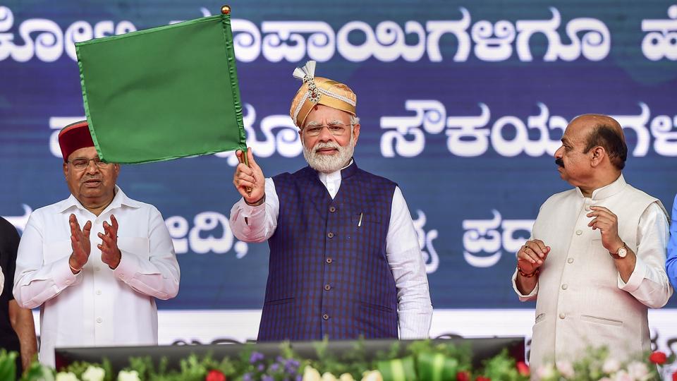 Prime Minister Narendra Modi on Monday laid the foundation for the long-delayed suburban rail system in Bengaluru, stating that the project, which has been in discussion for over 40 years, will be implemented in just around 40 months. (PTI Image) (HT_PRINT) Prime Minister Narendra Modi on Monday laid the foundation for the long-delayed suburban rail system in Bengaluru, stating that the project, which has been in discussion for over 40 years, will be implemented in just around 40 months. (PTI Image) (HT_PRINT)