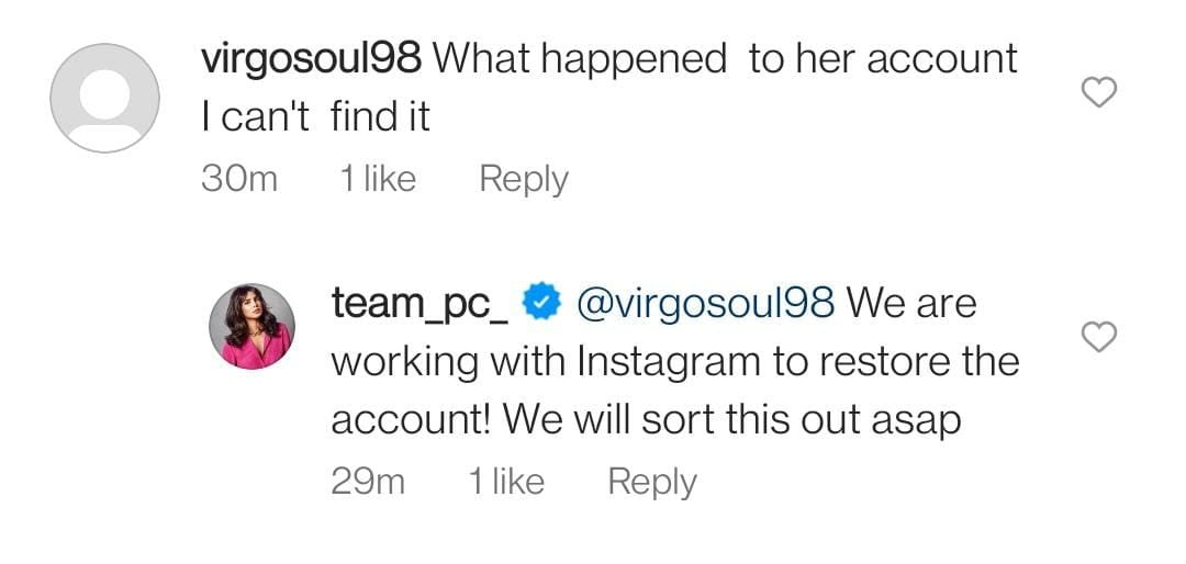 Priyanka Chopra's team responds to fan about her Instagram account.