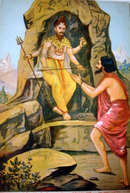 Arjuna receives the Pashupatastra from Lord Shiva. Painting by Raja Ravi Varma, 19th century. (Raja Ravi Varma via Wikimedia Commons) Arjuna receives the Pashupatastra from Lord Shiva. Painting by Raja Ravi Varma, 19th century. (Raja Ravi Varma via Wikimedia Commons)