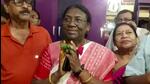 BJP’s presidential candidate Droupadi Murmu, greets well wishers who called on her at Raigangpur in Odisha, on Wednesday. (AP) BJP’s presidential candidate Droupadi Murmu, greets well wishers who called on her at Raigangpur in Odisha, on Wednesday. (AP)