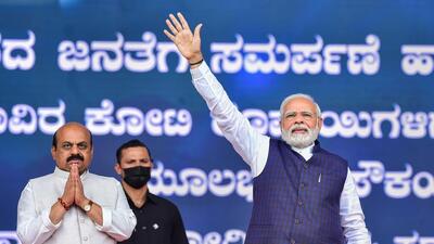 Karnataka CM Basavaraj Bommai with Prime Minister Narendra Modi during the launch of railway and road projects, in Bengaluru, on Momday. (PTI) Karnataka CM Basavaraj Bommai with Prime Minister Narendra Modi during the launch of railway and road projects, in Bengaluru, on Momday. (PTI)